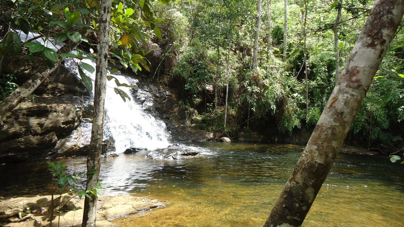 Queda d’água e piscina natural da Cachoeira do Cleandro cercadas pela Mata Atlântica, Itacaré